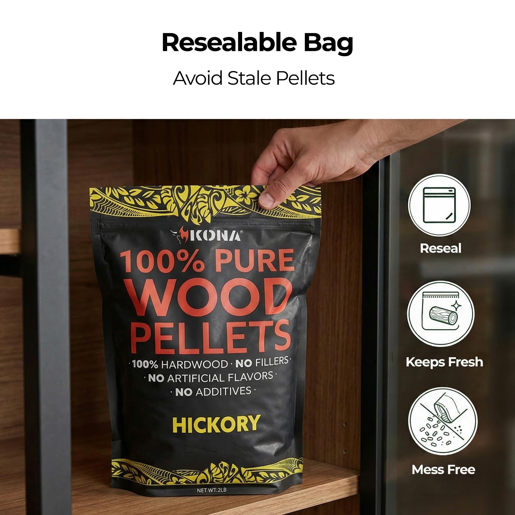 Kona 100% Hickory Smoker Pellets, Intended for Ninja Woodfire Outdoor Grill, 2 lb Resealable Bag - Image 4