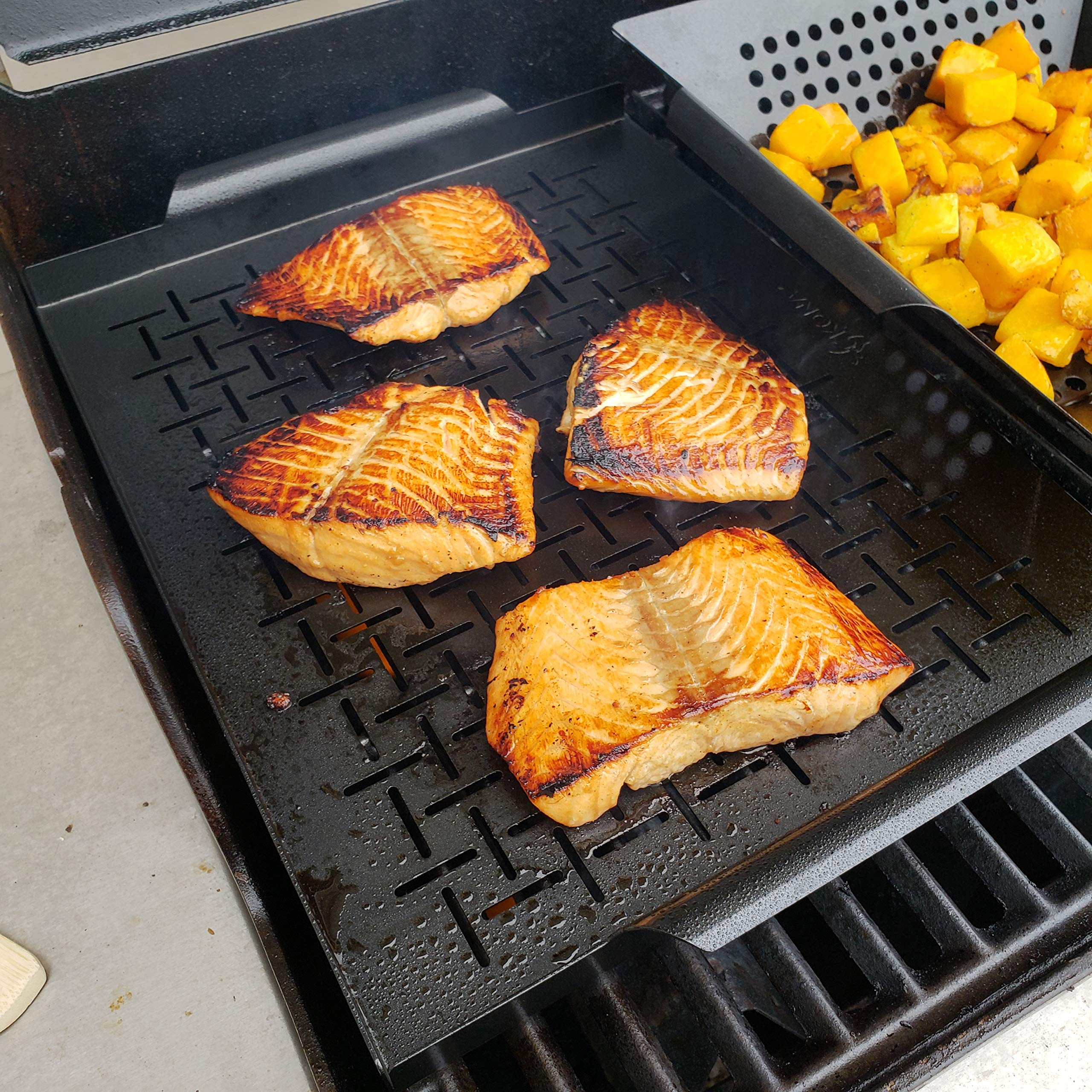 Kona Grill Tray - Heavy Duty BBQ Grilling Pan Will Never Warp & Enameled For Easier Cleaning - BBQ Accessory For Fish, Vegetables, Kabobs - 16x12 x1 inch - Image 4